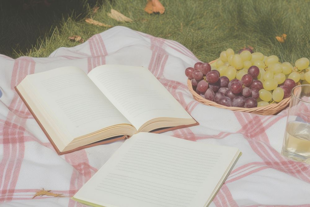 Picnic with a book publication grapes paper.