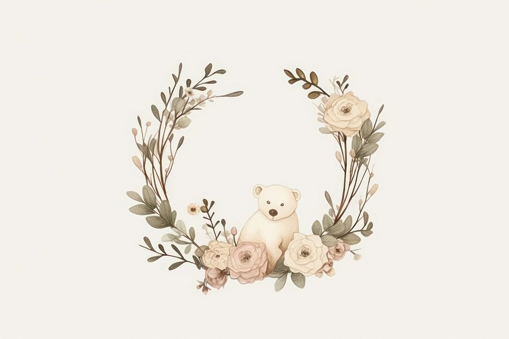 Botanical illustration wreath flower mammal bear representation.