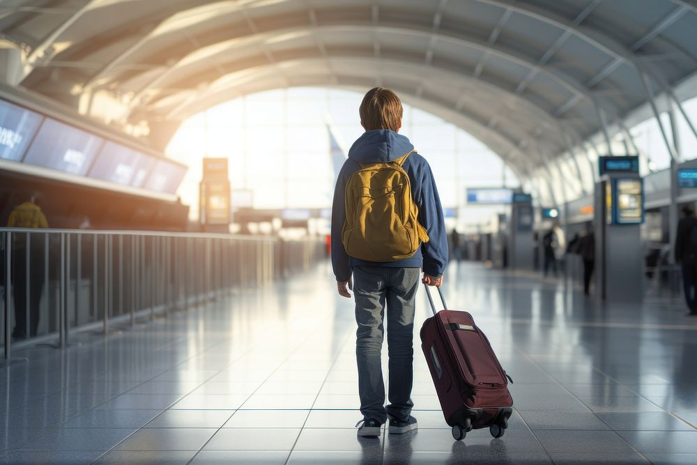 Boy airport walking luggage.