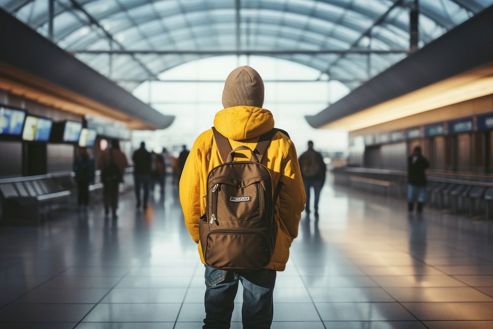Boy airport walking backpack.