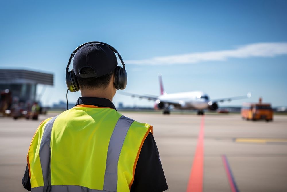 Male airport headphones airplane aircraft.