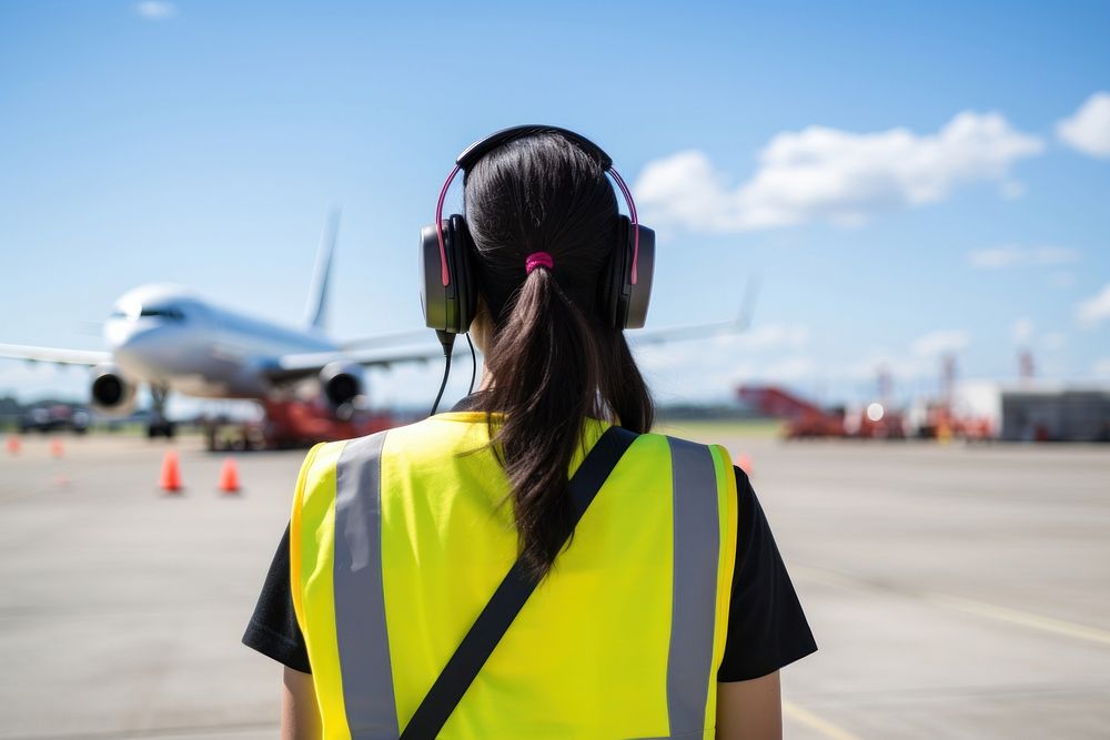 Female airport headphones airplane aircraft.