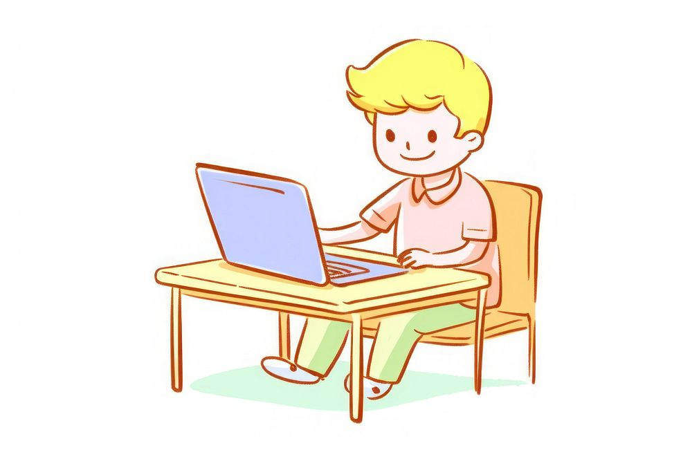 Kid playing computer cartoon furniture laptop.