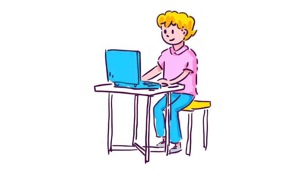 Kid playing computer furniture cartoon laptop.