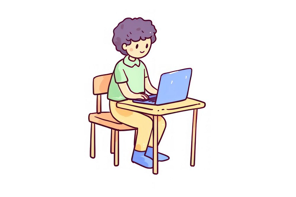 Kid playing computer furniture sitting cartoon.