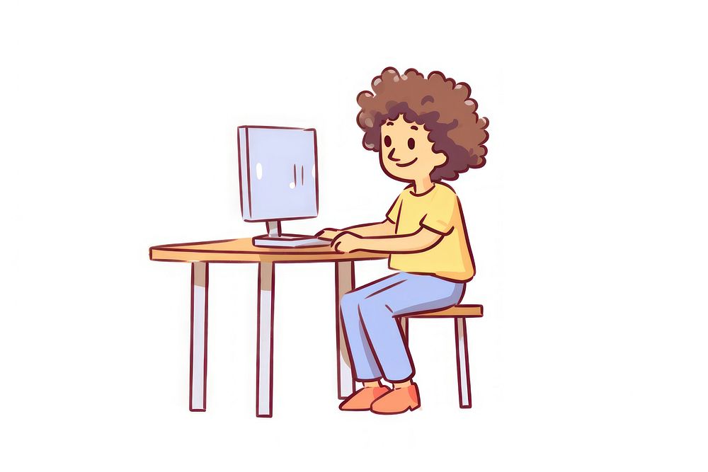 Kid playing computer furniture sitting cartoon.