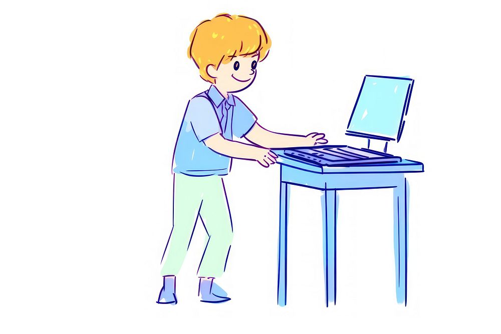 Kid playing computer furniture cartoon laptop.