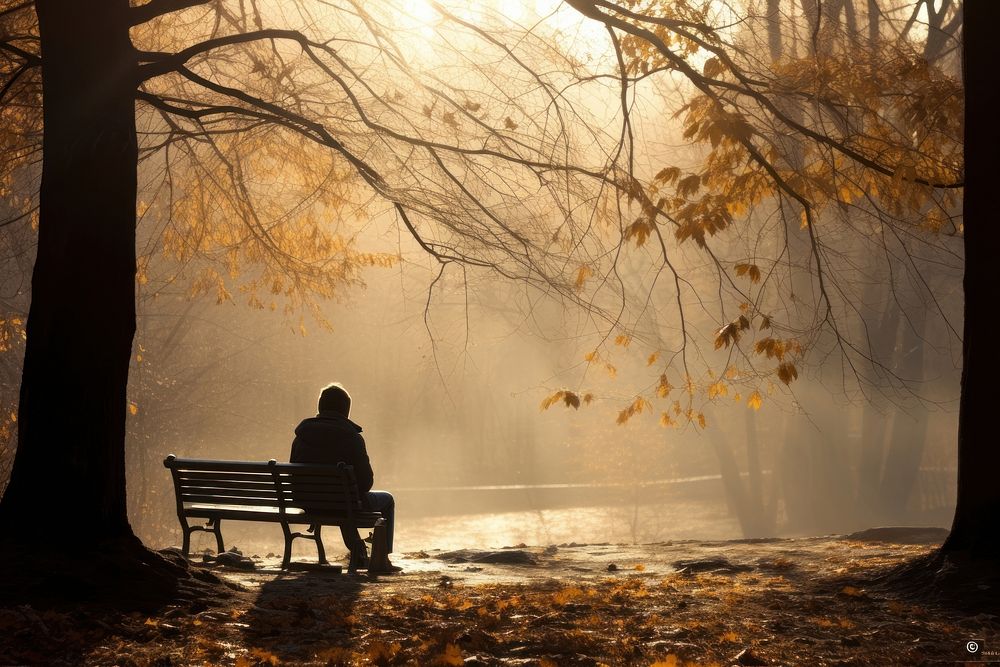 Anxiety sitting bench autumn. 