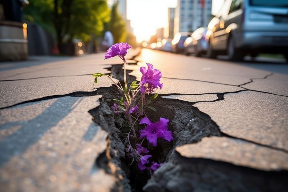 Purple flower growing on crack street purple outdoors nature. AI generated Image by rawpixel.