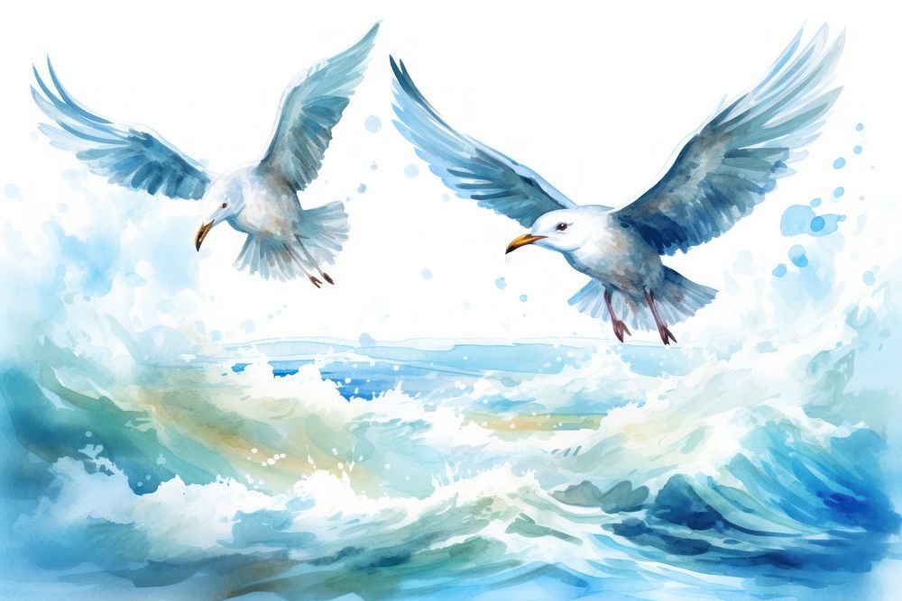 Watercolor seagulls flying outdoors nature.