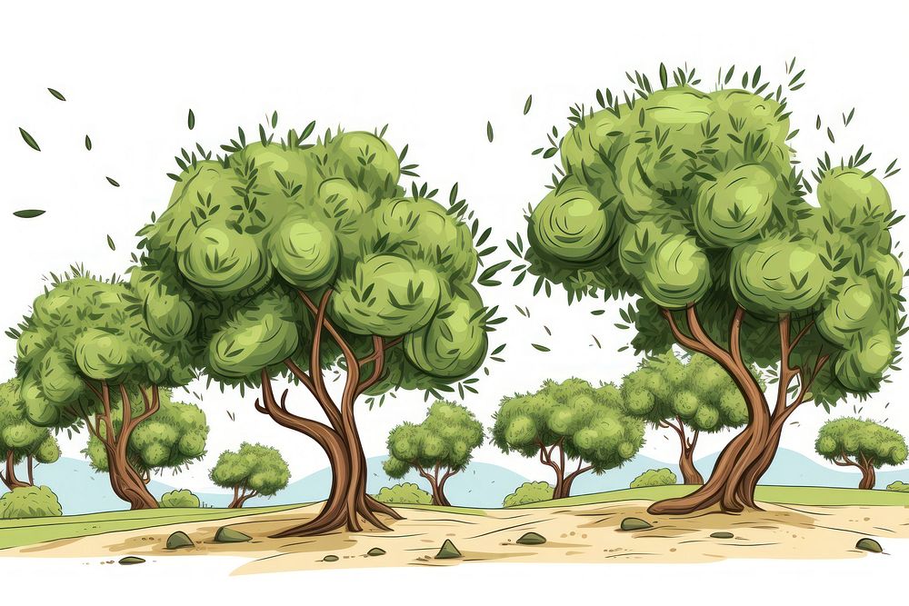 Olive tree fields outdoors cartoon drawing.