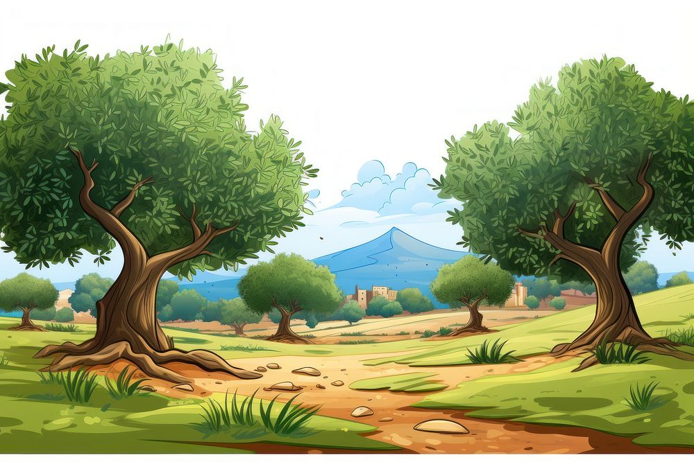 Olive tree fields landscape outdoors cartoon.