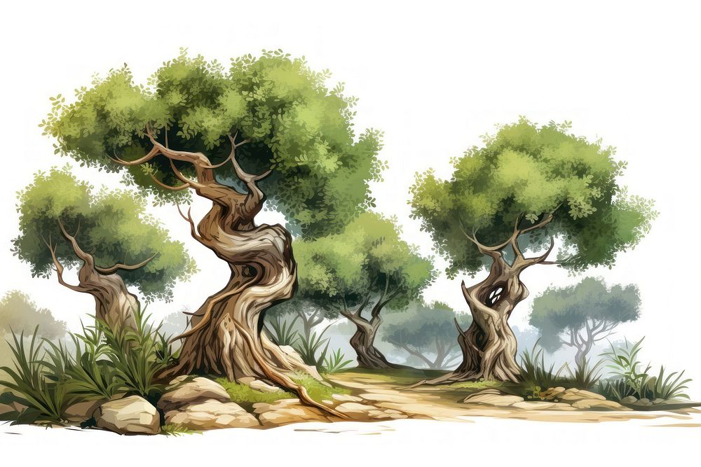 Olive tree forest outdoors cartoon drawing.