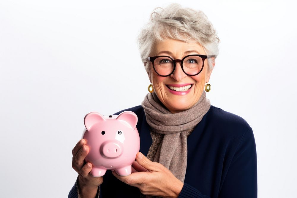 Woman holding his piggy bank smile happy retirement.