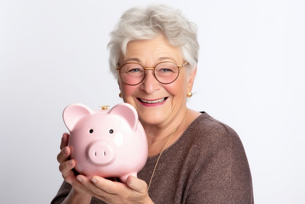 Woman holding his piggy bank adult accessories retirement.