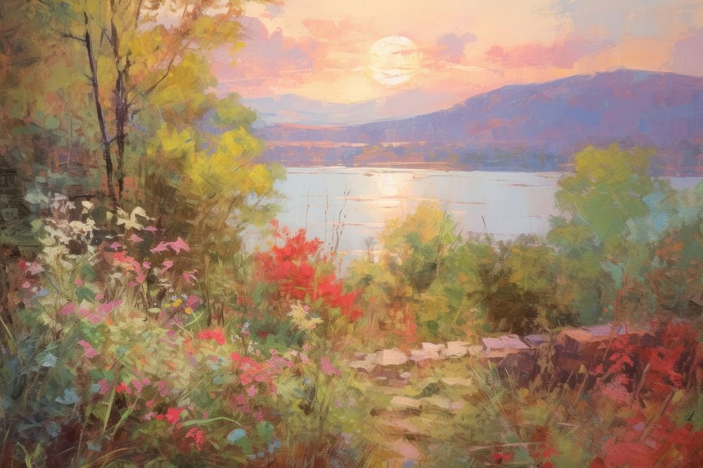 Illustration of a landscape sunset painting outdoors nature.