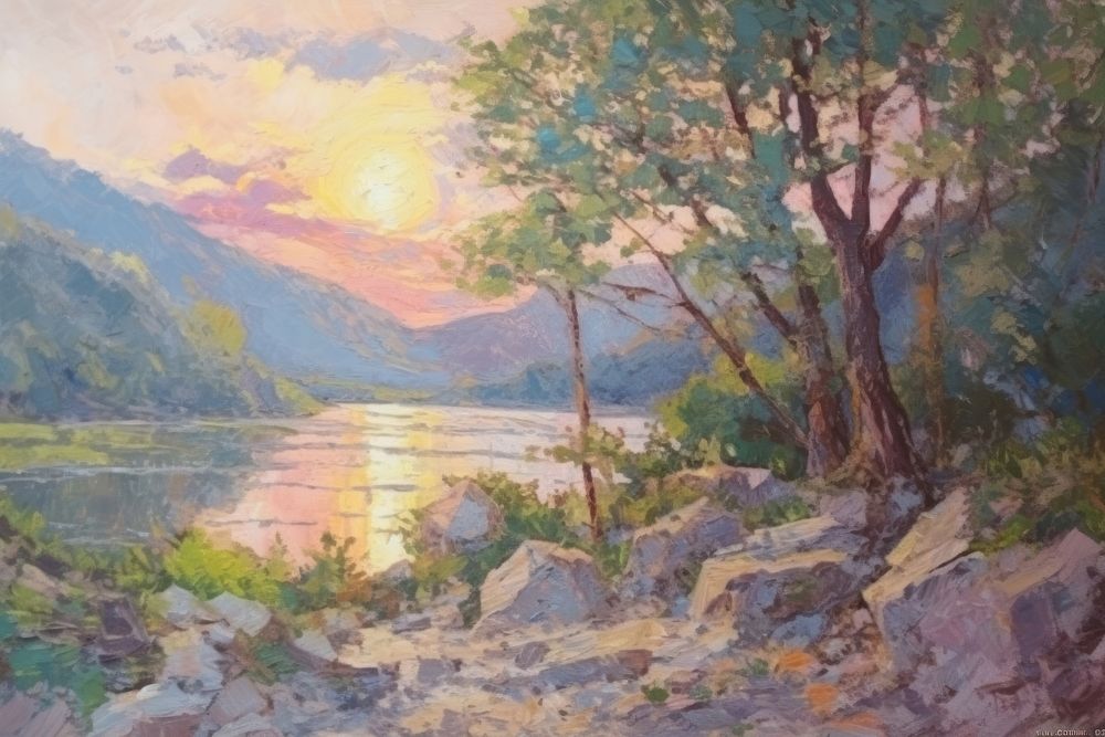 Illustration of a landscape sunset painting wilderness outdoors.