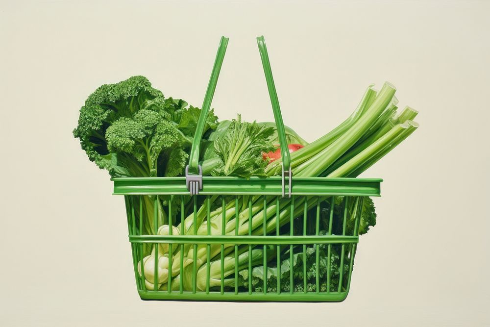 Hand holding green vegetable busket basket food cauliflower.