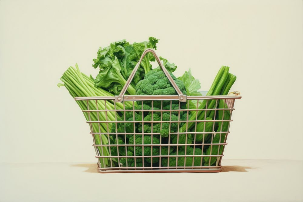 Hand holding green vegetable busket basket food freshness.