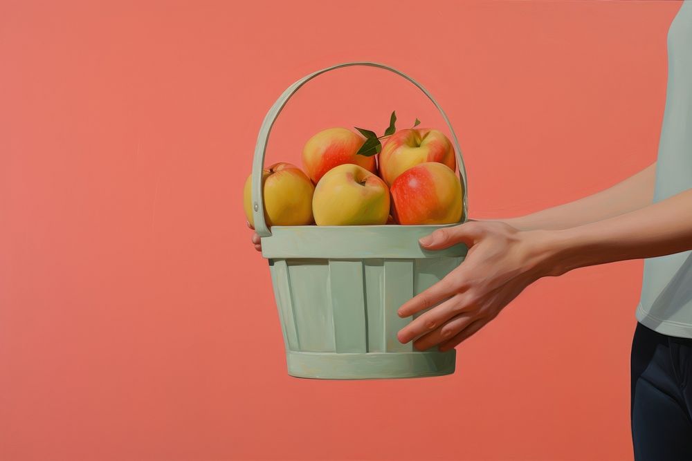 Hand holding fruits busket painting basket apple.
