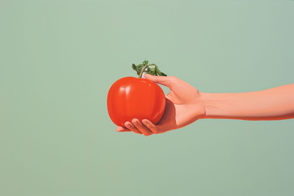 Hand holding tomato vegetable fruit plant.