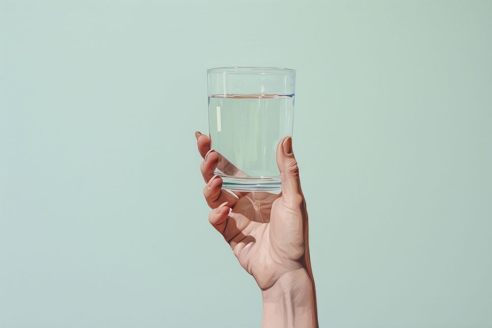 Hand holding water glass transparent refreshment drinkware.