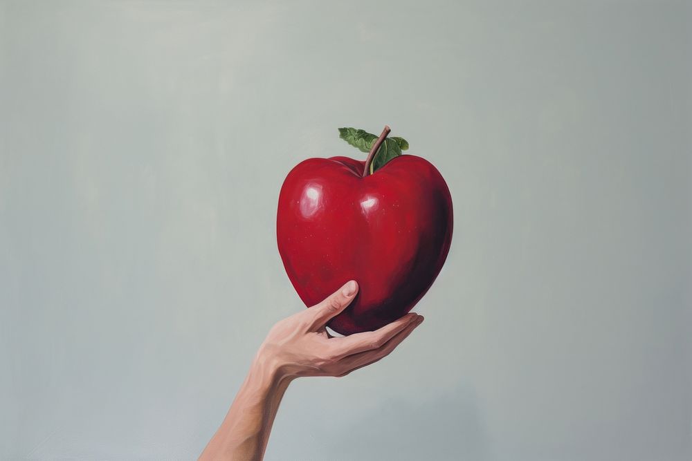 Hand holding health heart painting apple fruit.