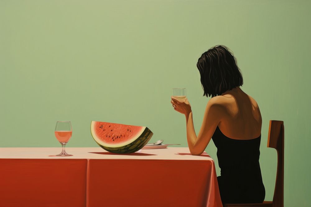 Woman eating watermelon furniture painting adult.