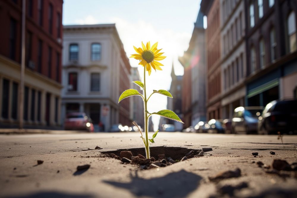 Sunflower growing on crack street sunflower architecture outdoors. AI generated Image by rawpixel.