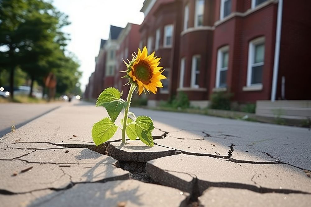 Sunflower growing on crack street architecture sunflower outdoors. AI generated Image by rawpixel.