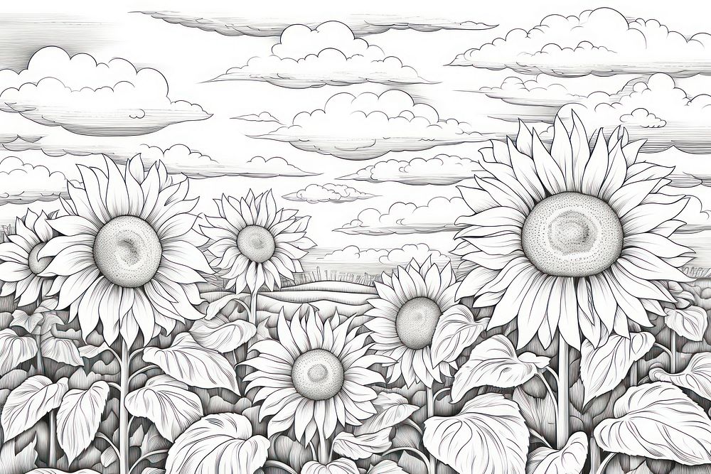Sunflower field with clouds and blue sky sketch drawing plant.