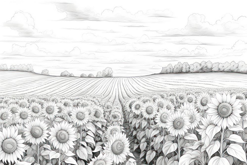 Sunflower field with clouds and blue sky sketch drawing plant.