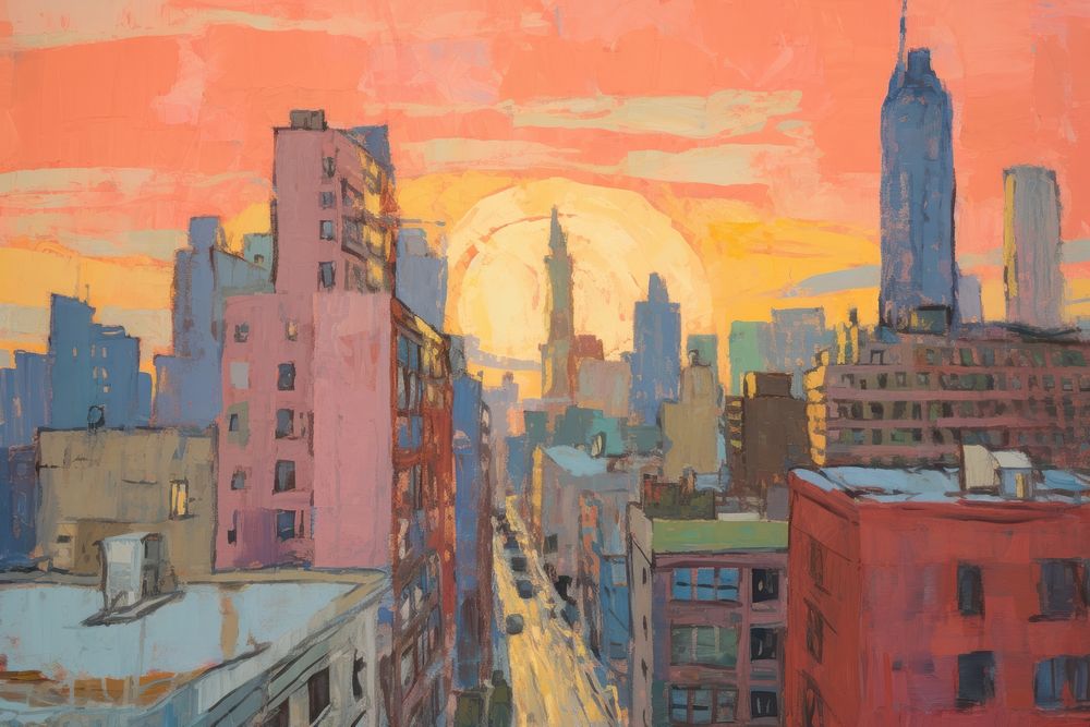 Sunset newyork painting architecture metropolis.