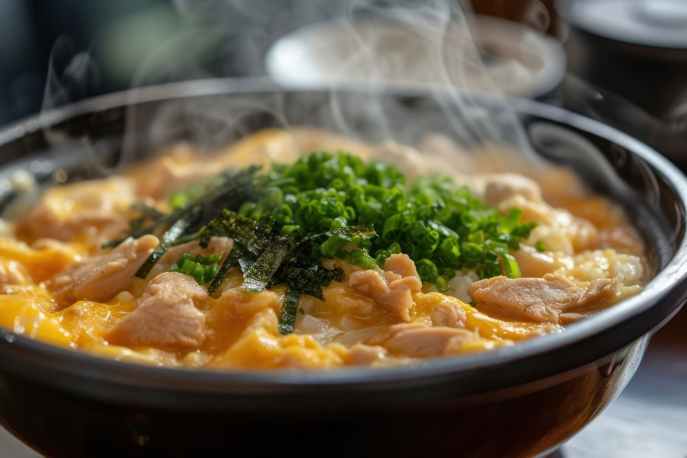 Oyakodon food table meal.