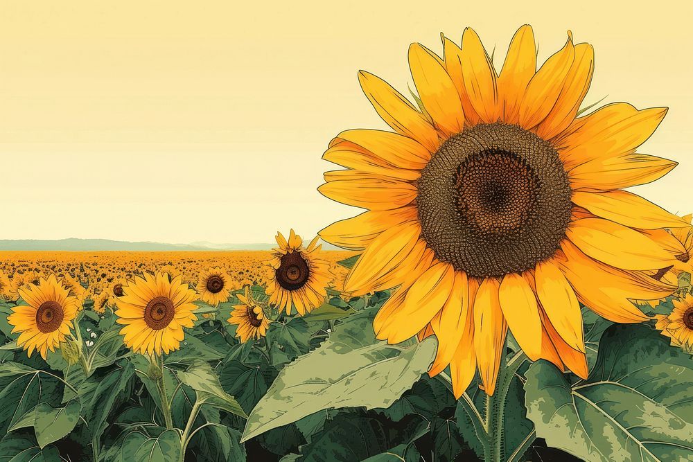 Modern illustration field of sunflower outdoors nature plant.