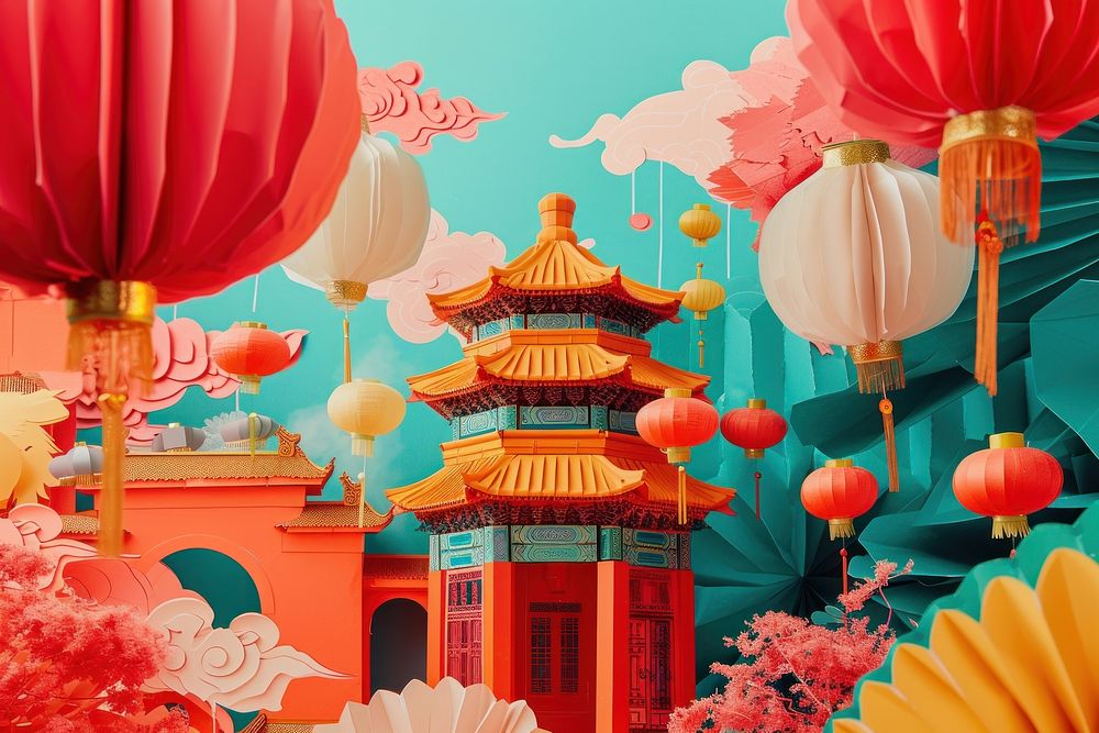 Collage Retro dreamy of travel to china festival art chinese new year.