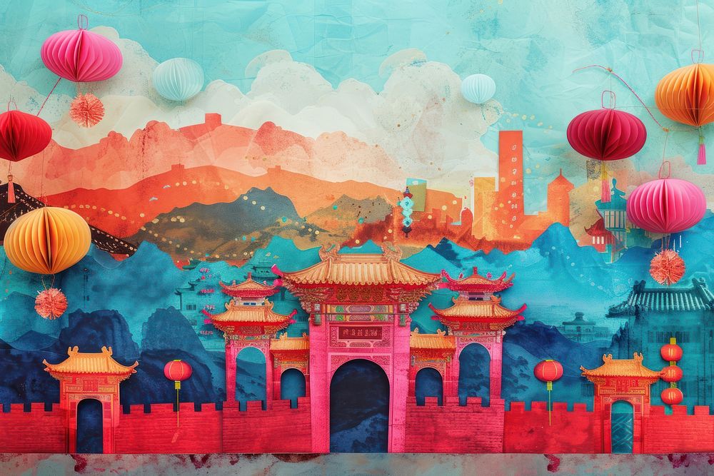 Collage Retro dreamy of travel to china art painting lantern.