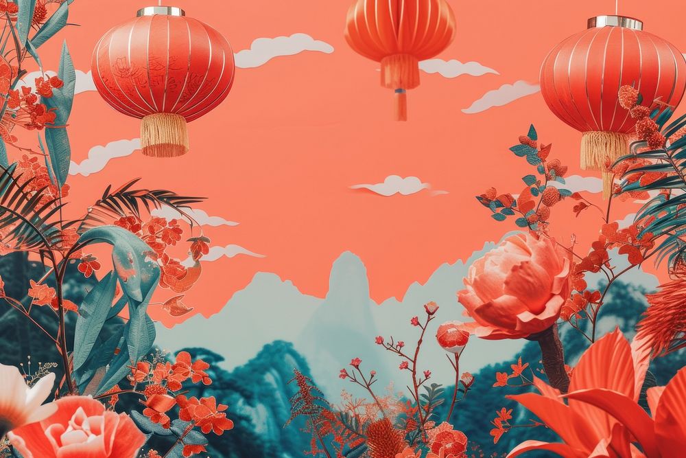 Collage Retro dreamy of travel to china art festival flower.