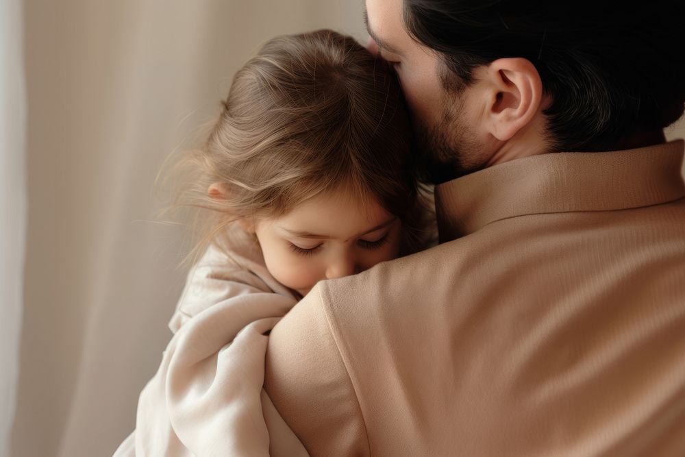 Baby girl sleep on her fathers shoulder hugging child affectionate. AI generated Image by rawpixel.