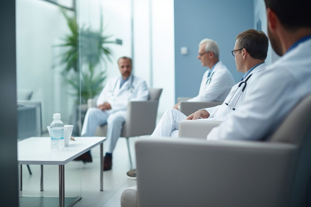Mature doctors sit and converse hospital adult architecture. AI generated Image by rawpixel.