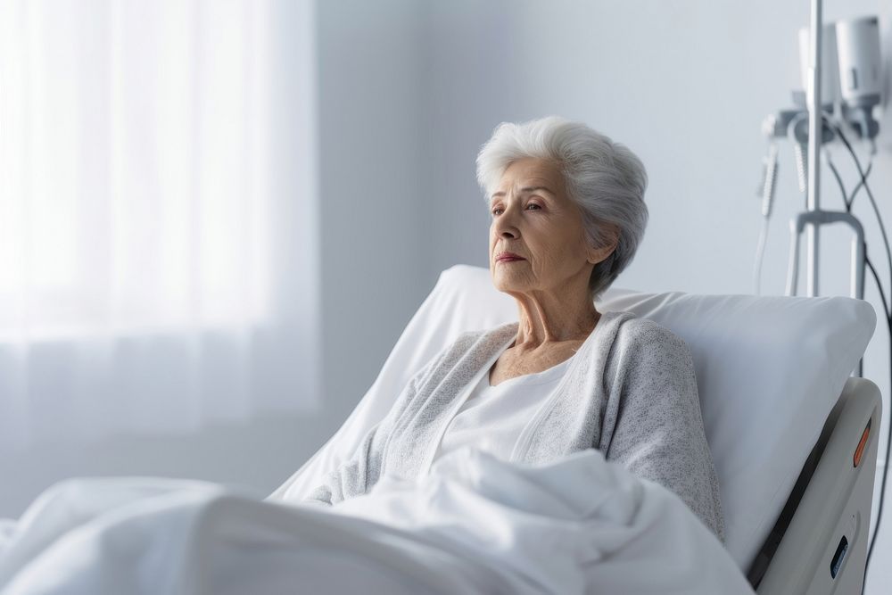 Senior woman sitting on hospital bed recovery medical adult. AI generated Image by rawpixel.