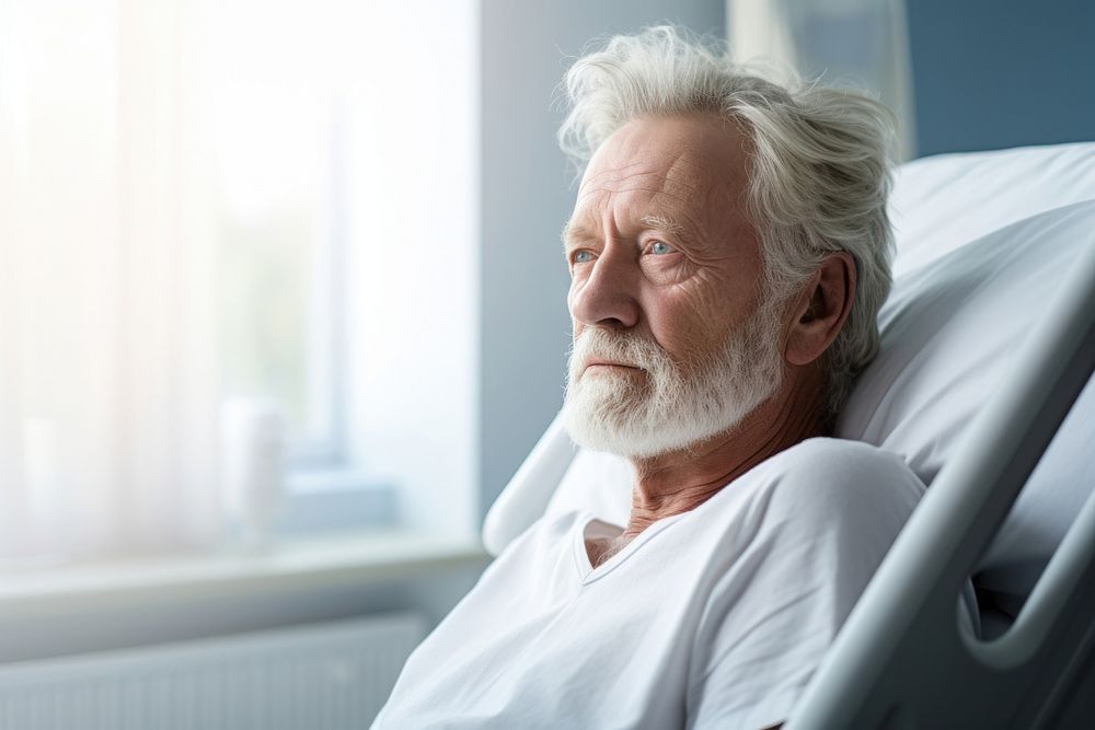 Senior man sitting on hospital bed architecture recovery medical. AI generated Image by rawpixel.