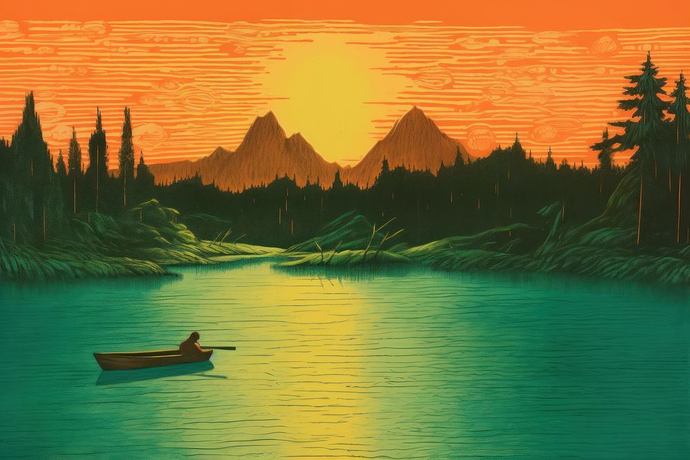Sunset green lake landscape painting outdoors.