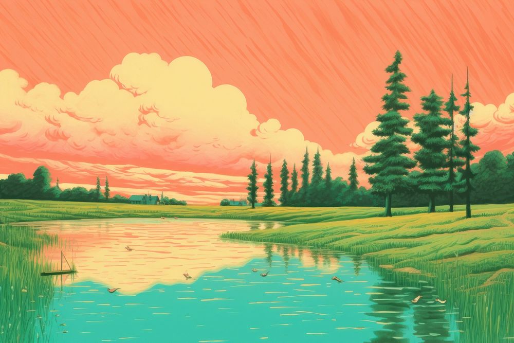 Sunset green lake landscape outdoors painting.