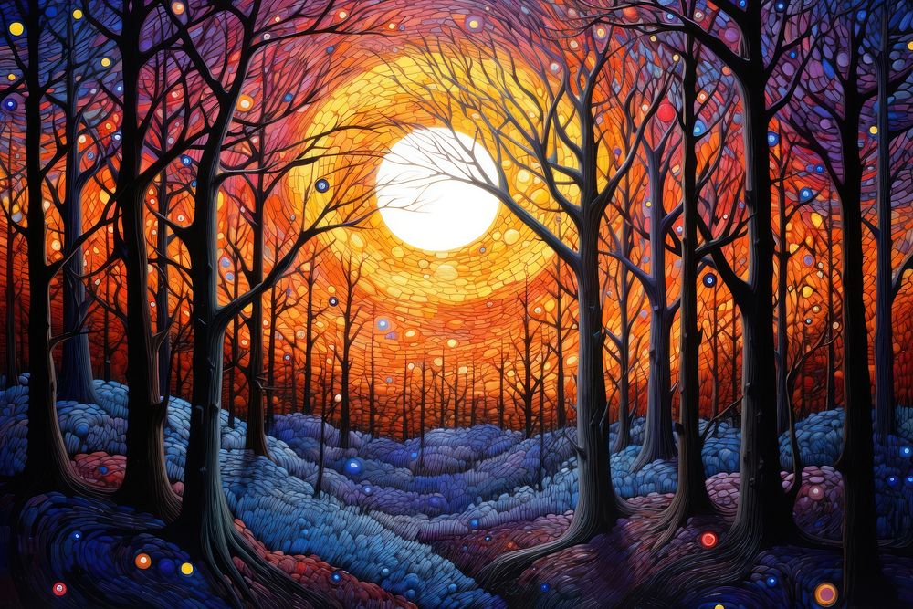 Illustration of a sunset in forest land landscape outdoors.