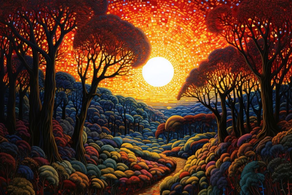 Illustration of a sunset in forest landscape outdoors painting.