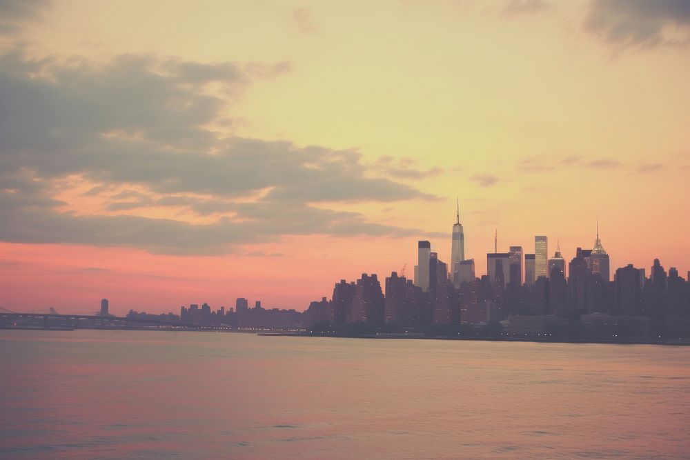 Aesthetic sunset in newyork landscape wallpaper architecture cityscape panoramic.