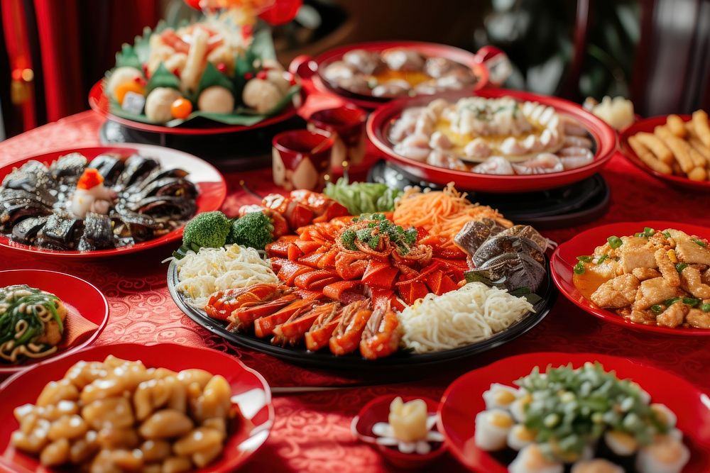 Chinese New Year table food buffet.