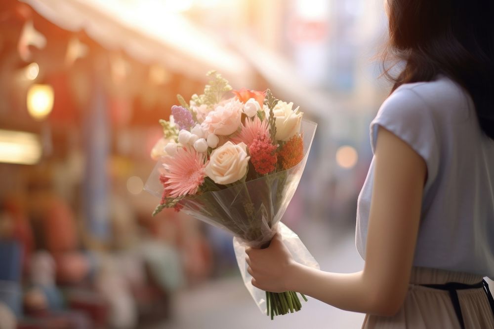 Women holding bouquet flower adult flower shop.
