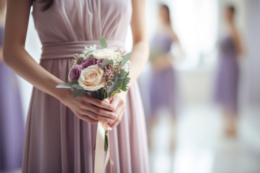 Bridesmaid holding bouquet wedding flower dress.